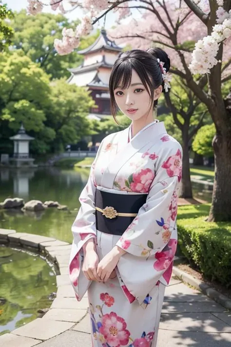 japanese woman in japanese castle park, cute kimono outfit, masterpiece, best quality, official art, unity 8k wallpaper, ultra detailed, beautiful and aesthetic, beautiful, 1woman, kawaii_asian:0.2, <lora:realistic_kimono_clothes:0.2>