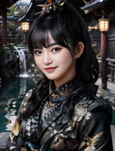 (outdoor Japanese thermal waters), onsen, detailed sexy Japanese woman, mature woman, 21 year old, detailed hair ornament, smile, <lora:realistic_kimono_clothes:0.6>, large breasts, <lora:nakamotosuzuka_lora:0.8>, cleveage, black kimono, black clothes.