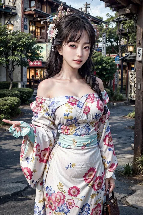 woman posing for a photo, outdoor, (wearing  oversized offshoulder crop_top_clothing, wearing kimono_clothes), good hand,4k, high-res, masterpiece, best quality, head:1.3,((Hasselblad photography)), finely detailed skin, sharp focus, (cinematic lighting), collarbone, night, soft lighting, dynamic angle, [:(detailed face:1.2):0.2],(((5 stars hotel))), outside,  <lora:Han_Ye_Seul_v3:1>