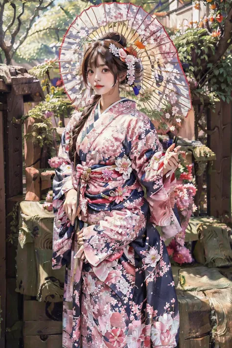 1girl, solo, outdoor, cute japanese model girl, floral print, hair ornament, looking at viewer, hair flower, brown eyes, bangs, masterpiece, best quality, realistic, <lora:mix4:0.4>, wearing kimono_clothes, holding big umbrella, <lora:realistic_kimono_clothes:0.8>