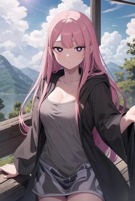 chunja, <lora:chunja manhwa-lora-nochekaiser:1>,
chunja, bangs, blunt bangs, pink hair, (black eyes:1.5), (bright pupils:1.5), long hair,
BREAK hood, hoodie, long sleeves, cleavage, collarbone,
BREAK outdoors, nature, forest, sky, sun, cloud,
BREAK looking at viewer, (cowboy shot:1.5),
BREAK <lyco:GoodHands-beta2:1>, (masterpiece:1.2), best quality, high resolution, unity 8k wallpaper, (illustration:0.8), (beautiful detailed eyes:1.6), extremely detailed face, perfect lighting, extremely detailed CG, (perfect hands, perfect anatomy),