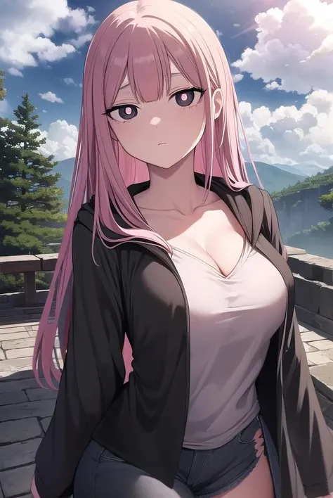 chunja, <lora:chunja manhwa-lora-nochekaiser:1>,
chunja, bangs, blunt bangs, pink hair, (black eyes:1.5), (bright pupils:1.5), long hair,
BREAK hood, hoodie, long sleeves, cleavage, collarbone,
BREAK outdoors, nature, forest, sky, sun, cloud,
BREAK looking at viewer, (cowboy shot:1.5),
BREAK <lyco:GoodHands-beta2:1>, (masterpiece:1.2), best quality, high resolution, unity 8k wallpaper, (illustration:0.8), (beautiful detailed eyes:1.6), extremely detailed face, perfect lighting, extremely detailed CG, (perfect hands, perfect anatomy),