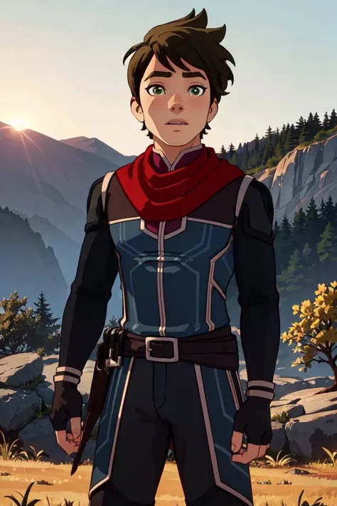 Callum, green eyes,(black fingerless-gloves), (man, boy, male), sun set, on a mountain, warm lighting, (realistic:1.2), (masterpiece:1.2), (full-body-shot:1.2),(cowboy-shot:1.2), dark romantic lighting, (highly detailed:1.2), (detailed face:1.2), (gradients), colorful, detailed eyes, (natural lighting:1.2), solo, <lora:add_detail:0.3> <lora:DragonPrince_CallumS4-10:0.8> <lora:BeautifulEyes:0.3>