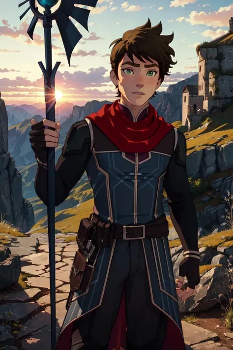 Callum, green eyes, (holding a magic staff, blue magic:1.2), (black fingerless-gloves), (man, boy, male), sun set, on a mountain, warm lighting, (realistic:1.2), (masterpiece:1.2), (full-body-shot:1.2),(cowboy-shot:1.2), dark romantic lighting, (highly detailed:1.2), (detailed face:1.2), (gradients), colorful, detailed eyes, (natural lighting:1.2), solo, <lora:add_detail:0.3> <lora:DragonPrince_CallumS4-10:0.8> <lora:BeautifulEyes:0.3>