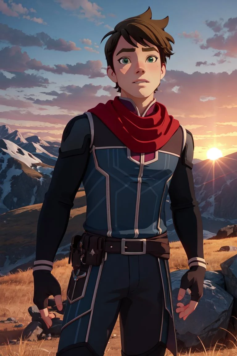Callum, green eyes,(black fingerless-gloves), (man, boy, male), sun set, on a mountain, warm lighting, (realistic:1.2), (masterpiece:1.2), (full-body-shot:1.2),(cowboy-shot:1.2), dark romantic lighting, (highly detailed:1.2), (detailed face:1.2), (gradients), colorful, detailed eyes, (natural lighting:1.2), solo, <lora:add_detail:0.3> <lora:DragonPrince_CallumS4-10:0.8> <lora:BeautifulEyes:0.3>