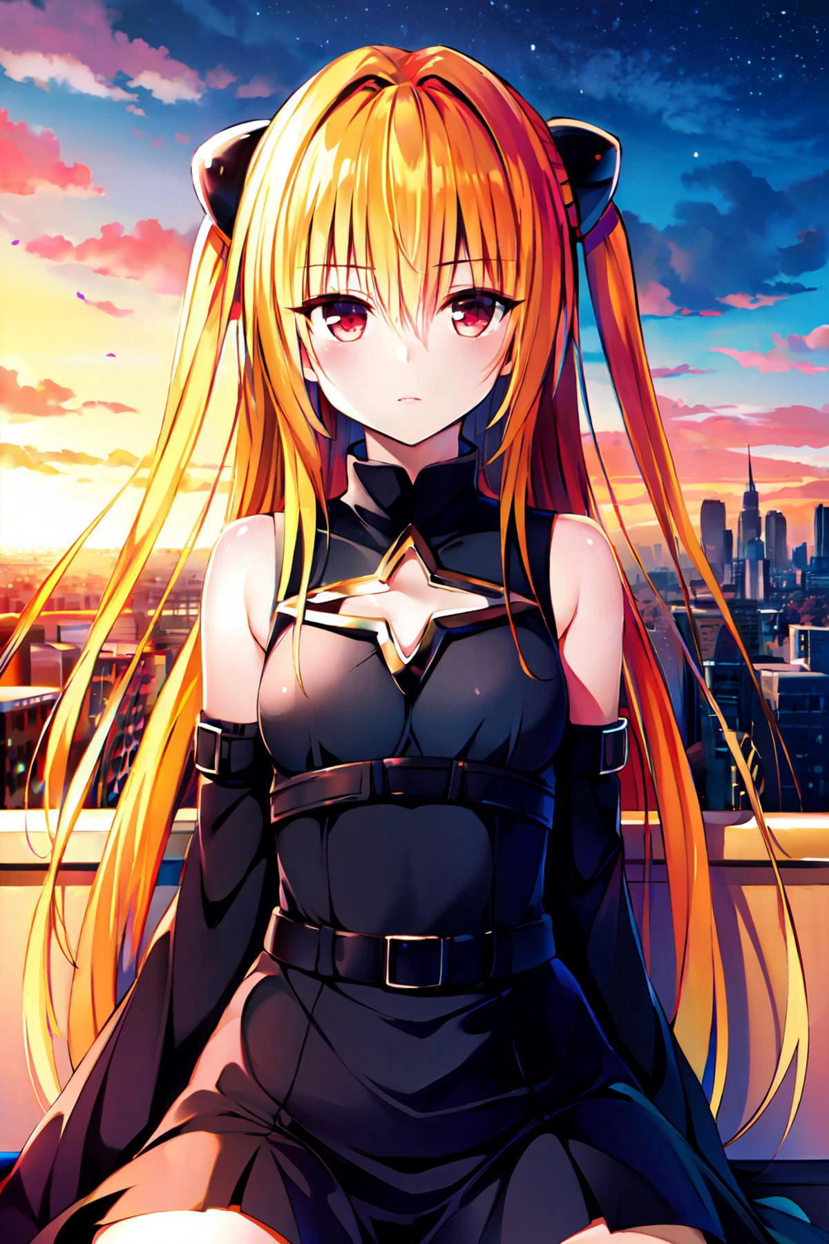 (masterpiece, best quality, high resolution, 8k),
<lora:Yabuki Kentarou_v2:0.8>,
konjiki no yami,
long hair, very long hair, blonde hair, two side up, hair ornament,
red eyes,
small breasts,
detached sleeves, cleavage cutout, clothing cutout, bare shoulders,
black dress, belt,
sitting,
rooftop, night,
(upper body:1.2),
looking at viewer,
1girl, solo,