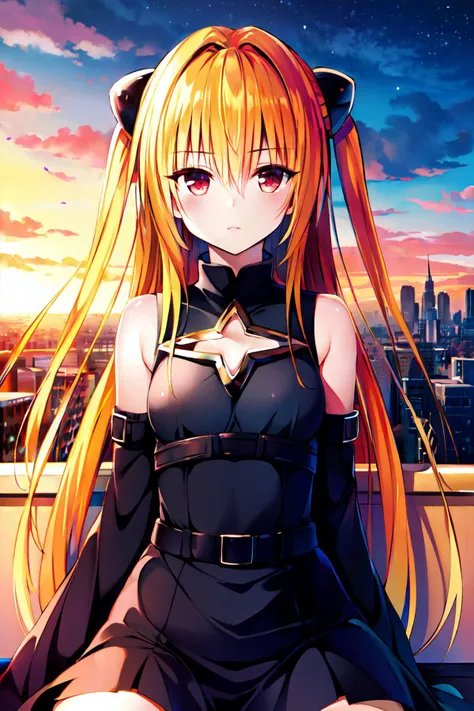 (masterpiece, best quality, high resolution, 8k),
<lora:Yabuki Kentarou_v2:0.8>, 
konjiki no yami, 
long hair, very long hair, blonde hair, two side up, hair ornament, 
red eyes,
small breasts,
detached sleeves,  cleavage cutout, clothing cutout, bare shoulders, 
black dress, belt, 
sitting, 
rooftop, night, 
(upper body:1.2),
looking at viewer,
1girl, solo,