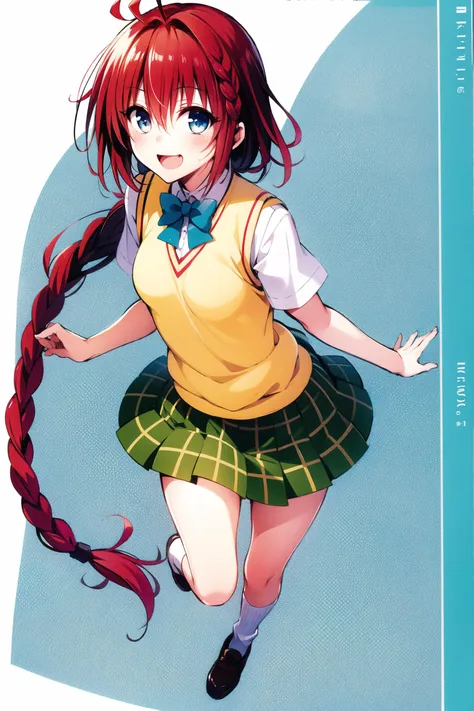 1girl, kurosaki meia, solo, long hair, school uniform, blue eyes, braid, skirt, very long hair, open mouth, red hair, sweater vest, smile, hair ornament, white background, socks, simple background, ahoge, full body, :d, loafers, pleated skirt, shoes, single braid, plaid skirt, looking at viewer, <lora:Yabuki Kentarou_v2:0.8>