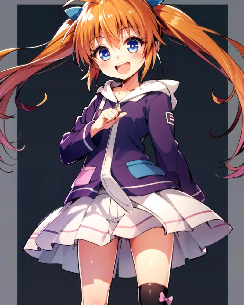 1girl, solo, standing, cowboy shot,
<lora:Yabuki Kentarou_v2:0.6>, long hair, blush, looking at viewer, smile, hair ornament, open mouth, skirt, ahoge,
<lora:popuri_v9_locon-000003:0.4>, <lora:popurin_moe:0.4>, (blue eyes, hair bow, orange hair, twintails), pink shirt, skirt, hood, pocket, asymmetrical legwear, mismatched legwear, black socks, grey thighhigh,