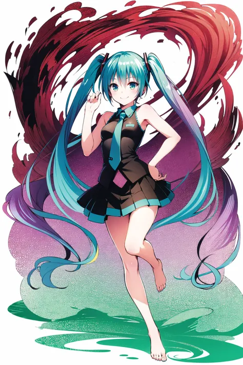 1girl, long hair, solo, hatsune miku, barefoot, twintails, very long hair, gradient hair, multicolored hair,  skirt,  simple background, smile, standing on one leg, purple hair, white background, aqua hair, full body, bare shoulders, leg ribbon, standing, green hair, feet, ankle ribbon,<lora:Yabuki Kentarou_v2:0.8>