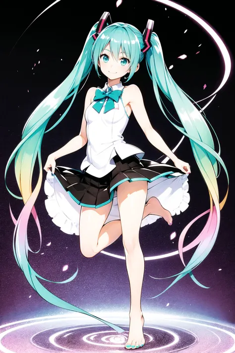 1girl, long hair, solo, hatsune miku, barefoot, twintails, very long hair, gradient hair, multicolored hair, nail polish, skirt, toenails, toenail polish, simple background, smile, standing on one leg, purple hair, white background, aqua hair, full body, bare shoulders, leg ribbon, standing, green hair, feet, ankle ribbon,<lora:Yabuki Kentarou:0.8>