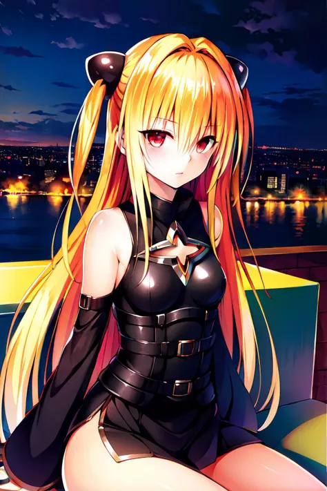 (masterpiece, best quality, high resolution, 8k),
<lora:Yabuki Kentarou_v2:0.8>,
konjiki no yami,
long hair, very long hair, blonde hair, two side up, hair ornament,
red eyes,
small breasts,
detached sleeves, cleavage cutout, clothing cutout, bare shoulders,
black dress, belt,
sitting,
rooftop, night,
(upper body:1.2),
looking at viewer,
1girl, solo,