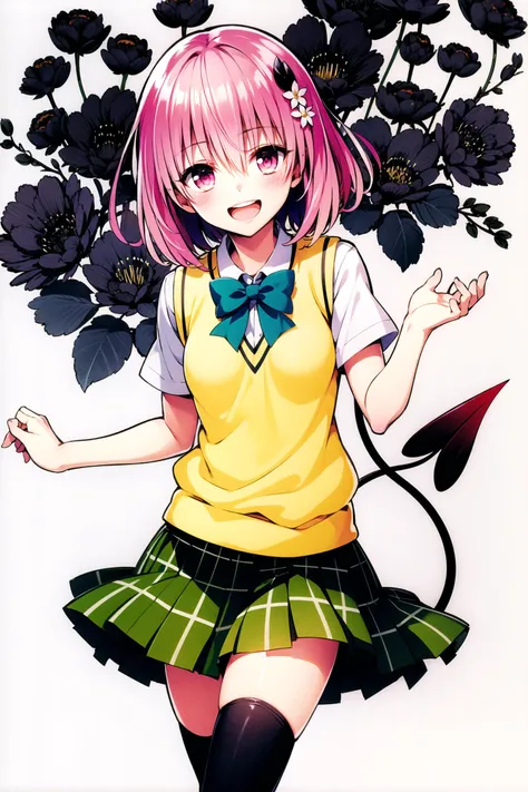 1girl, momo velia deviluke, solo, tail, thighhighs, pink hair, school uniform, smile, skirt, hair flower, open mouth, hair ornament, demon tail, zettai ryouiki, flower, sweater vest, short hair, pink eyes, black thighhighs, looking at viewer, :d, white background, bow, green skirt, simple background, pleated skirt, blush, short sleeves, shirt, plaid skirt, plaid, bowtie, <lora:Yabuki Kentarou_v2:0.8>