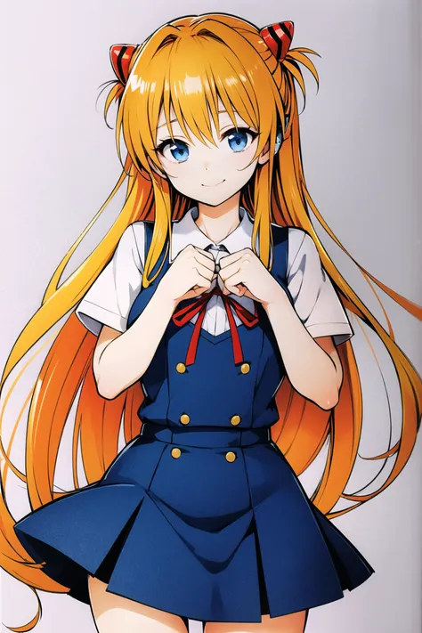 1girl, souryuu asuka langley, solo, long hair, school uniform, blue eyes, smile, white background, ribbon, shirt, simple background, own hands together, orange hair, short sleeves, skirt, red ribbon, neck ribbon, white shirt, bangs, hair between eyes, looking at viewer, tokyo-3 middle school uniform, signature, closed mouth, two side up, hair ornament, suspender skirt, interface headset, suspenders, traditional media, cowboy shot, interlocked fingers, blue skirt, <lora:Yabuki Kentarou:0.8>