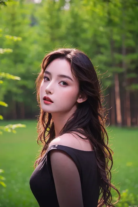 best quality, masterpiece, (photorealistic:1.4), Close up, 1 girl, upper body, Black Dress, Corset, long hair, cute, flowers around, forest background, sweet girl, IDOL,  -- Face Details:1.7 -- <lora:xTTx:1> <lora:Guinevere-01:1>