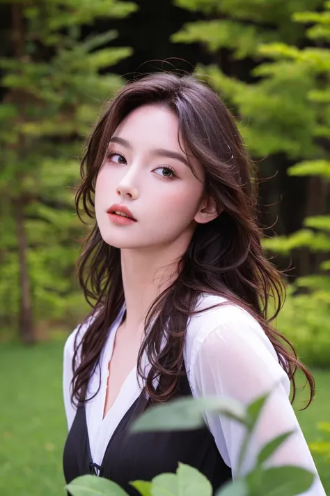 best quality, masterpiece, (photorealistic:1.4), Close up, 1 girl, upper body, Black Dress, Corset, long hair, cute, flowers around, forest background, sweet girl, IDOL,  -- Face Details:1.7 -- <lora:xTTx:1> <lora:Guinevere-01:1>