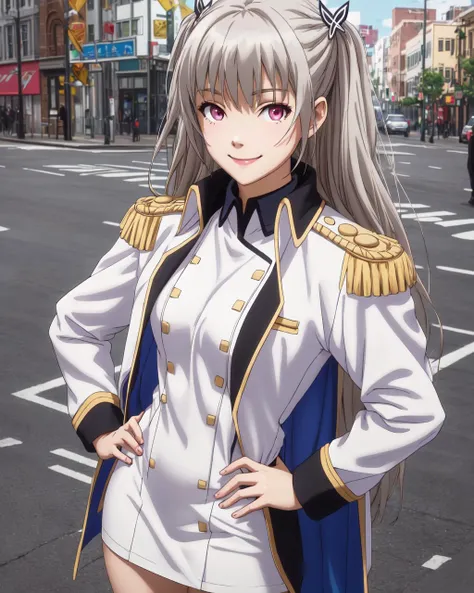 (4k),Depth of Field,(Masterpiece),(Realistic Skin Texture),Extremely Detailed,Complex,Hyper Detailed,Professional Photography,Bokeh,High Resolution,Sharp Detail,Best Quality,
day,city,street,
maihime tenkawa,1girl,solo,long hair,twintails,grey hair,straight_hair,pink eyes,slender face,
captain's uniform,jacket_on_shoulders,white miniskirt,white bodystocking,rudder_footwear,
looking_at_viewer,hands_on_hips,standing,smile,<lora:maihime-qualidea-01:0.7>,