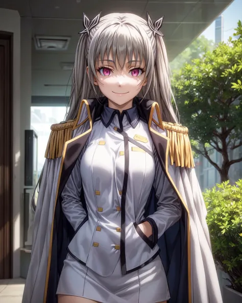 (4k),Depth of Field,(Masterpiece),(Realistic Skin Texture),Extremely Detailed,Complex,Hyper Detailed,Professional Photography,Bokeh,High Resolution,Sharp Detail,Best Quality,
forest,day,
maihime tenkawa,1girl,solo,long hair,twintails,grey hair,straight_hair,pink eyes,slender face,
captain's uniform,jacket_on_shoulders,white miniskirt,white bodystocking,rudder_footwear,
looking_at_viewer,standing,smile,<lora:maihime-qualidea-01:0.8>,<lora:add_detail:1>,