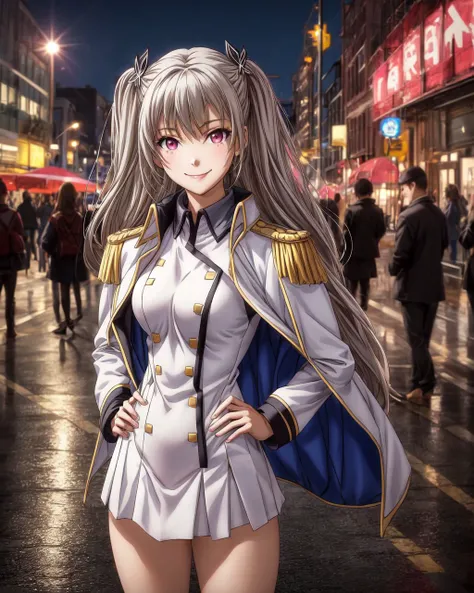 (4k),Depth of Field,(Masterpiece),(Realistic Skin Texture),Extremely Detailed,Complex,Hyper Detailed,Professional Photography,Bokeh,High Resolution,Sharp Detail,Best Quality,
day,city,street,
maihime tenkawa,1girl,solo,long hair,twintails,grey hair,straight_hair,pink eyes,slender face,
captain's uniform,jacket_on_shoulders,white miniskirt,white bodystocking,rudder_footwear,
looking_at_viewer,hands_on_hips,standing,smile,<lora:maihime-qualidea-01:0.7>,<lora:add_detail>,