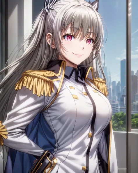 (4k),Depth of Field,(Masterpiece),(Realistic Skin Texture),Extremely Detailed,Complex,Hyper Detailed,Professional Photography,Bokeh,High Resolution,Sharp Detail,Best Quality,
day,city,street,
maihime tenkawa,1girl,solo,long hair,twintails,grey hair,straight_hair,pink eyes,slender face,
captain's uniform,jacket_on_shoulders,white miniskirt,white bodystocking,rudder_footwear,
looking_at_viewer,hands_on_hips,standing,smile,<lora:maihime-qualidea-01:0.8>,<lora:add_detail:1>,