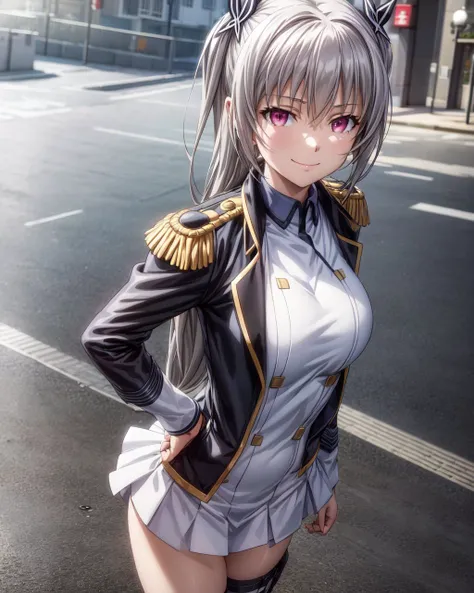 (4k),Depth of Field,(Masterpiece),(Realistic Skin Texture),Extremely Detailed,Complex,Hyper Detailed,Professional Photography,Bokeh,High Resolution,Sharp Detail,Best Quality,
day,city,street,
maihime tenkawa,1girl,solo,long hair,twintails,grey hair,straight_hair,pink eyes,slender face,
captain's uniform,jacket_on_shoulders,white miniskirt,white bodystocking,rudder_footwear,
looking_at_viewer,hands_on_hips,standing,smile,<lora:maihime-qualidea-01:0.6>,<lora:add_detail:1>,