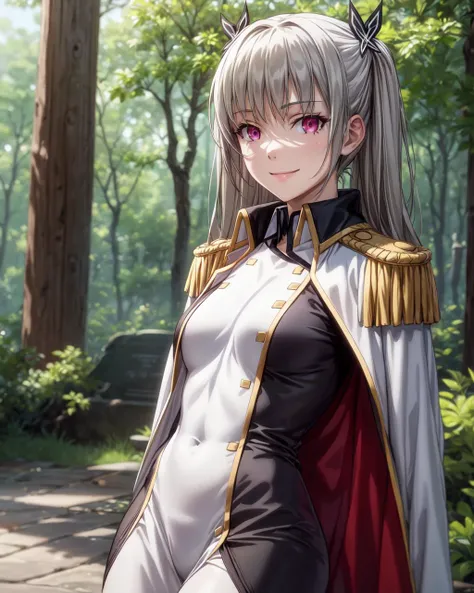 (4k),Depth of Field,(Masterpiece),(Realistic Skin Texture),Extremely Detailed,Complex,Hyper Detailed,Professional Photography,Bokeh,High Resolution,Sharp Detail,Best Quality,
forest,day,
maihime tenkawa,1girl,solo,long hair,twintails,grey hair,straight_hair,pink eyes,slender face,
captain's uniform,jacket_on_shoulders,white miniskirt,white bodystocking,black rudder_footwear,
looking_at_viewer,standing,smile,<lora:maihime-qualidea-01:0.7>,<lora:add_detail:1>,