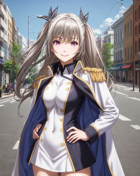 (4k),Depth of Field,(Masterpiece),(Realistic Skin Texture),Extremely Detailed,Complex,Hyper Detailed,Professional Photography,Bokeh,High Resolution,Sharp Detail,Best Quality,
day,city,street,
maihime tenkawa,1girl,solo,long hair,twintails,grey hair,straight_hair,pink eyes,slender face,
captain's uniform,jacket_on_shoulders,white miniskirt,white bodystocking,rudder_footwear,
looking_at_viewer,hands_on_hips,standing,smile,<lora:maihime-qualidea-01:0.7>,<lora:add_detail:0.8>,