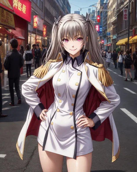 (4k),Depth of Field,(Masterpiece),(Realistic Skin Texture),Extremely Detailed,Complex,Hyper Detailed,Professional Photography,Bokeh,High Resolution,Sharp Detail,Best Quality,
day,city,street,anime,
maihime tenkawa,1girl,solo,long hair,twintails,grey hair,straight_hair,pink eyes,slender face,
captain's uniform,jacket_on_shoulders,white miniskirt,white bodystocking,rudder_footwear,
looking_at_viewer,hands_on_hips,standing,smile,<lora:maihime-qualidea-01:0.7>,<lora:add_detail>,