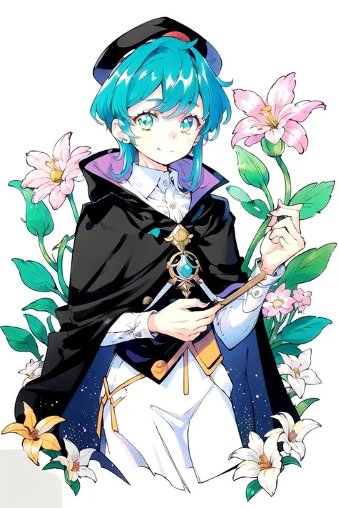 flower, male focus, 1boy, smile, multicolored hair, long sleeves, hat, bangs, white flower, holding, green eyes, leaf, closed mouth, shirt, cape, jewelry, white shirt, , white background, collared cape, short hair with long locks, collared shirt, <lora:ibu_chuan_V3-08:1>