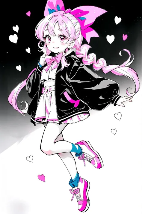 limited palette, spot color, black background, pink eyes, long hair, heart, bow, 1girl, twin braids, midriff, shoes, jacket, blush, smile, hair bow, pink footwear, <lora:ibu_chuan_V3-08:0.9>