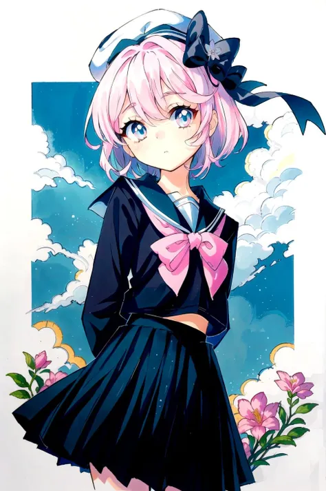 1girl, hat, skirt, flower, pink eyes, pink hair, solo, shirt, ribbon, short hair, blue shirt, looking at viewer, outdoors, long sleeves, cloud, blue sky, sky, black skirt, closed mouth, black ribbon, bangs, day, hat ribbon, white headwear, neck ribbon, pink flower, arms behind back, pleated skirt, sailor collar, sun hat, bright pupils, cowboy shot <lora:ibu_chuan_V3-08:0.9>