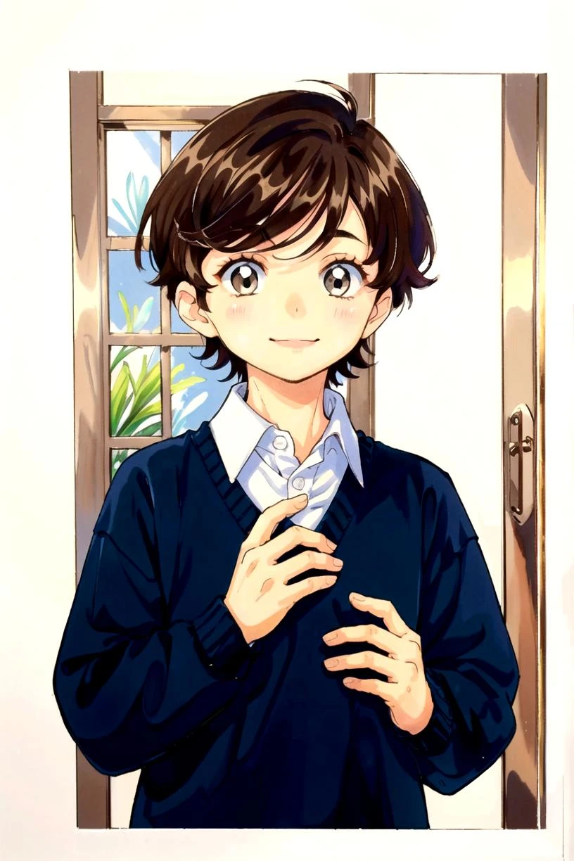 1boy, male focus, solo, brown hair, shirt, collared shirt, white shirt, smile, looking at viewer, upper body, clenched hand, closed mouth, long sleeves, indoors, sweater, holding, hand up, <lora:ibu_chuan_V3-08:0.9>