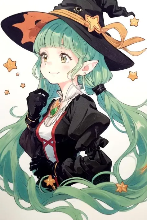 1girl, solo, long hair, star \(symbol\), pointy ears, witch hat, smile, puffy sleeves, earrings, looking to the side, jewelry, upper body, bangs, blunt bangs, gloves, very long hair, green hair, witch, wavy hair, dress, low twintails, closed mouth,white background, <lora:ibu_chuan_V3-08:0.95>,