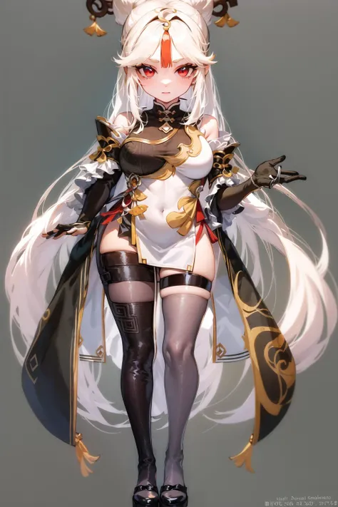 masterpiece, best quality, 1girl, solo, long hair, breasts, looking at viewer, simple background, hair ornament, red eyes, gloves, white background, dress, very long hair, full body, white hair, black gloves, elbow gloves, chibi, dated, chinese clothes, tassel, china dress, hair stick, ningguang (genshin impact), Ningguang,  <lora:Ningguanglora:0.83>