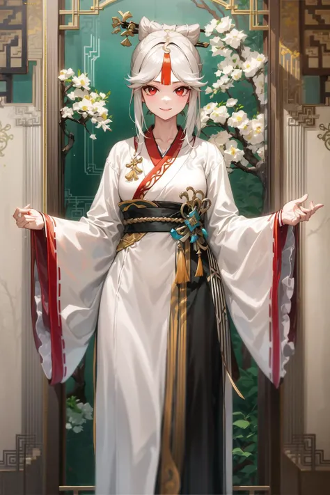 masterpiece, best quality, 1girl, solo, long hair, looking at viewer, smile, bangs, hair ornament, red eyes, long sleeves, dress, standing, collarbone, white hair, grey hair, alternate costume, wide sleeves, tree, chinese clothes, hairpin, hanfu, ningguang (genshin impact), Ningguang, <lora:Ningguanglora:0.75>