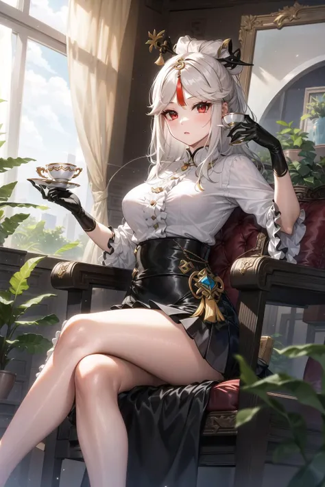 masterpiece, best quality, 1girl, solo, long hair, breasts, looking at viewer, bangs, skirt, large breasts, shirt, hair ornament, red eyes, gloves, holding, sitting, closed mouth, white shirt, white hair, sidelocks, thighs, frills, parted lips, alternate costume, day, black gloves, elbow gloves, indoors, hand up, black skirt, cup, legs, parted bangs, bare legs, window, feet out of frame, chair, crossed legs, plant, curtains, tassel, holding cup, teacup, high-waist skirt, blurry foreground, hairpin, hair stick, potted plant, on chair, tassel hair ornament, ningguang (genshin impact), Ningguang, <lora:Ningguanglora:0.83>