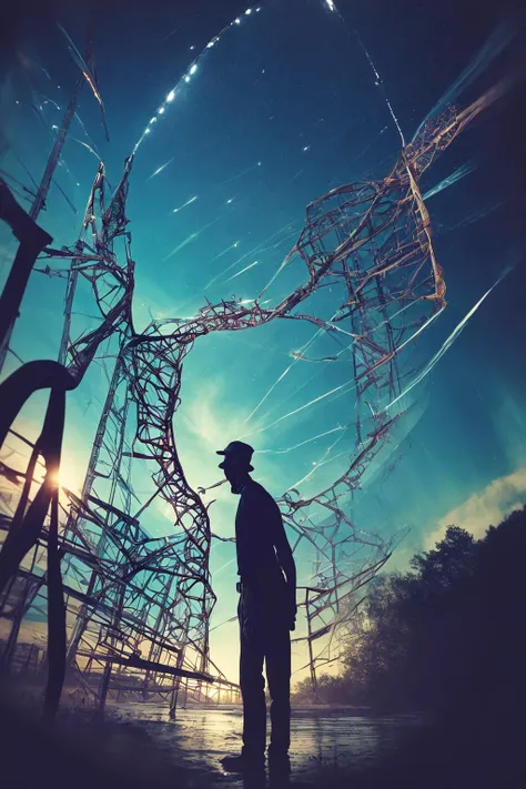 1man, self-portrait, 8mm film grain, faded color, found footage, transparent limb, photorealistic surrealism, rainfall trail, poisonous droplets, sunstone gem, visual noise, double helix bridges, floodlights, best quality, masterpiece