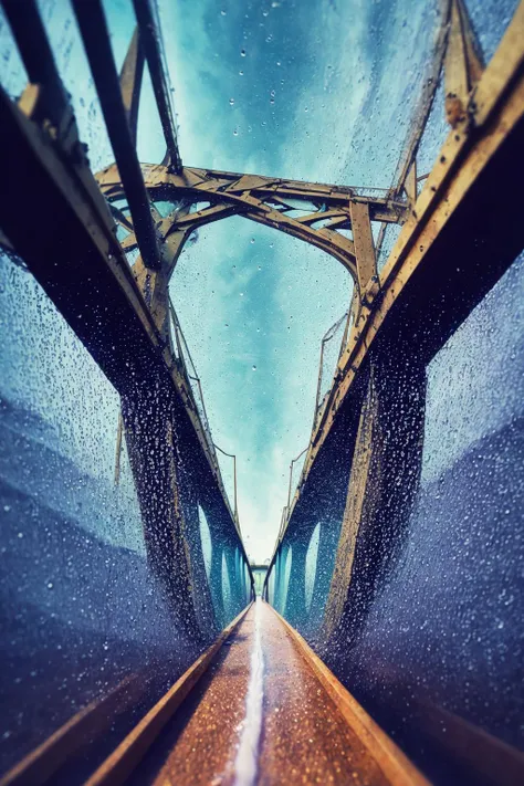 1man, close-up, 8mm film grain, faded color, found footage, transparent limb, photorealistic surrealism, rainfall trail, poison droplets, sunstone gem, visual noise, double helix bridges, floodlights, best quality, masterpiece, from under the bridge