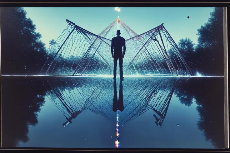 1man, self-portrait, 8mm film grain, faded color, found footage, transparent limb, photorealistic surrealism, rainfall trail, poison droplets, sunstone gem, visual noise, double helix bridges, floodlights, best quality, masterpiece