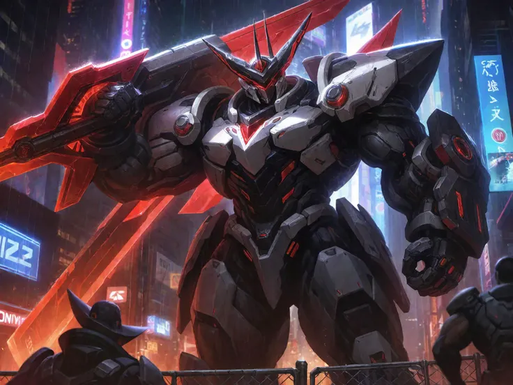 best aesthetic,lolsplashart,Project Mordekaiser,solo,armor,holding,weapon,male focus,alternative clothing,red study,holding weapon,armor,glowing,glowing study,city,a sci-fi scene with a huge silver mech,standing on a city street overlooking the ground,holding a huge hammer,with sci-fi city skyscrapers in the background,creating a sense of depth and sense of wonder. The overall atmosphere of the piece is one of adventure,mystery and awe-inspiring beauty,cyberpunk,<lora:bodybuilder:0.5>,big muscle,large muscle,hyper muscle,huge muscle,thick limbs,thick thighs,thick arms,<lora:nijimecha_XL_P6:0.3>,nijimecha,v-fin,red theme,