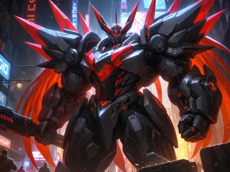 best aesthetic,lolsplashart,(Project Mordekaiser:1.3),solo,armor,holding,weapon,male focus,alternative clothing,red study,holding weapon,armor,glowing,glowing study,city,a sci-fi scene with a huge silver mech,standing on a city street overlooking the ground,holding a huge hammer,with sci-fi city skyscrapers in the background,creating a sense of depth and sense of wonder. The overall atmosphere of the piece is one of adventure,mystery and awe-inspiring beauty,cyberpunk,<lora:bodybuilder:0.5>,big muscle,large muscle,hyper muscle,huge muscle,thick limbs,thick thighs,thick arms,<lora:nijimecha_XL_P6:0.3>,nijimecha,v-fin,red theme,