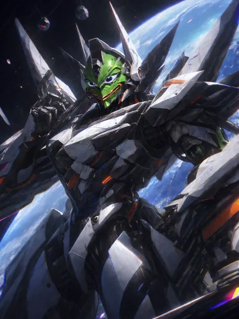 best aesthetic, realistic,(Pepe:1.3) the frog meme as a Gundam mech, nijimecha, shiny new mech, colorful space, epic scene, masterpiece, from a distance, desktop wallpaper <lora:nijimecha:0.4> <lora:aesthetic_anime_v1s:0.7> <lora:pepe-v2:1>