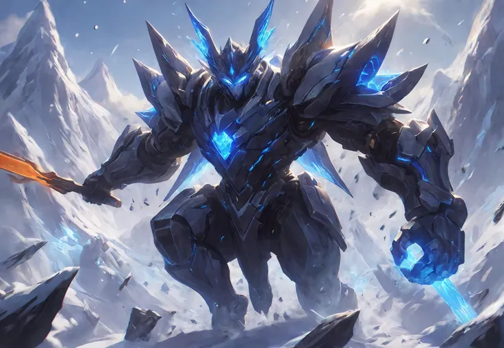 A white mech standing at the foot of a snowy mountain,blue energy core,glowing eyes,(battle pose:1.2),best quality,intricate details,(League of Legends splash art:1.2),tension-filled composition,<lora:p4-nijimecha-000010:0.7>,nijimecha,lolsplashart,<lora:Hyper-SDXL-4steps-lora:0.8>,