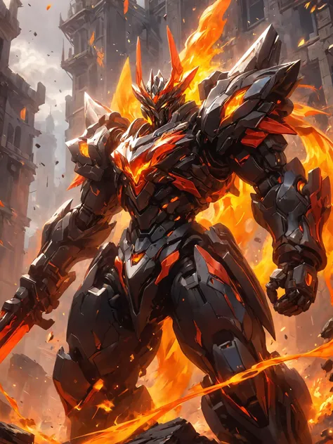 A black mech stands on the battlefield with the flames and ruins of an explosion behind it,League of Legends Splash Art,<lora:p7-nijimecha-000009:0.7>,nijimecha,<lora:Hyper-SDXL-4steps-lora:0.6>,