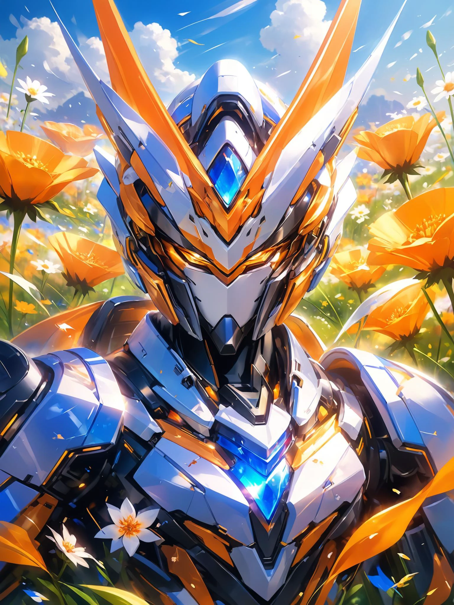 colorful and vibrant,mystical colors,contemporary impressionism,yanjun cheng portrait painting,An orange mecha stands in a meadow full of flowers,<lora:p7-nijimecha-000009:0.7>,nijimecha,portrait,