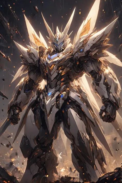 Game Illustration, League of Legends Splash Art, a white mech fighting on a war-torn battlefield, particle stream wings,<lora:nijimecha_XL_P6:0.8>,nijimecha,