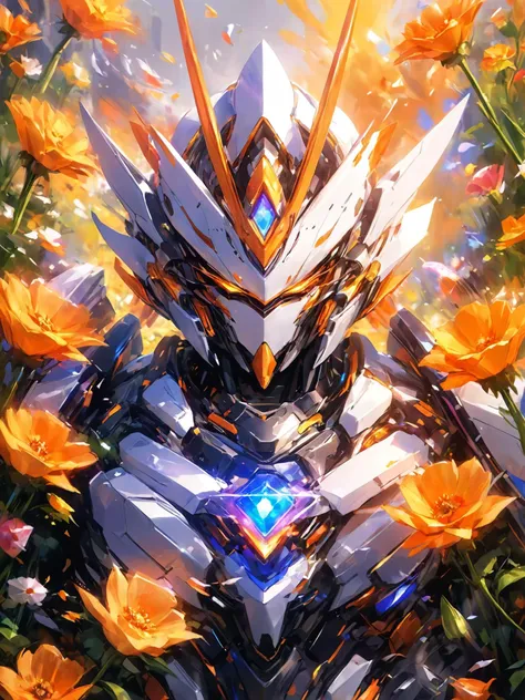 colorful and vibrant,mystical colors,contemporary impressionism,yanjun cheng portrait painting,An orange mecha stands in a meadow full of flowers,<lora:p7-nijimecha-000009:0.8>,nijimecha,<lora:Hyper-SDXL-4steps-lora:0.4>,portrait,Intricate details,