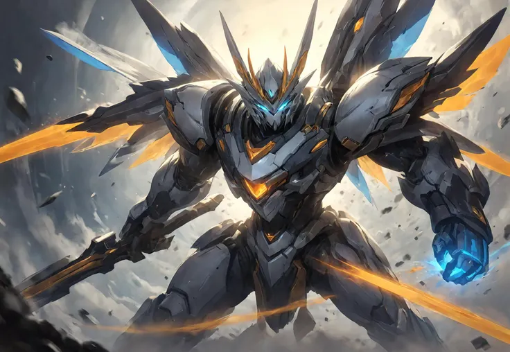 Game Illustration,League of Legends Splash Art,a white mech fighting on a war-torn battlefield,particle stream wings,<lora:p4-nijimecha-000010:0.7>,nijimecha,lolsplashart,<lora:Hyper-SDXL-4steps-lora:0.8>,