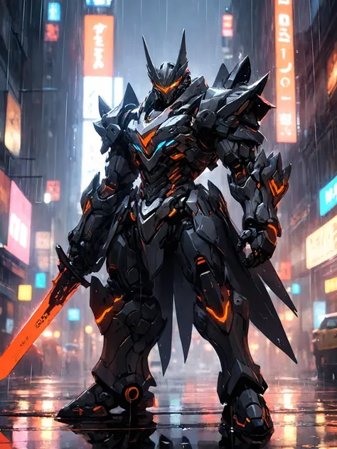 Game Illustration,League of Legends Splash Art,anime,A black mech stands on a rainy city street,Heavy armor,stout limbs,wide-bodied,skirt armour,glowing eyes,no humans,cyberpunk,science fiction,dynamic poses,<lora:p7-nijimecha-000009:0.7>,nijimecha,<lora:Hyper-SDXL-4steps-lora:0.8>,full body,