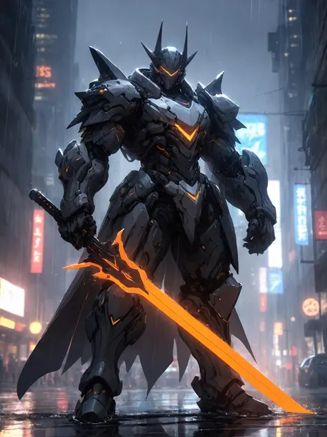 Game Illustration,League of Legends Splash Art,A black mech stands on a rainy city street,he has heavy armour,particle flow only,skirt armour,glowing eyes,no humans,cyberpunk,science fiction,dynamic poses,<lora:p4-nijimecha-000010:0.7>,nijimecha,<lora:Hyper-SDXL-4steps-lora:0.8>,